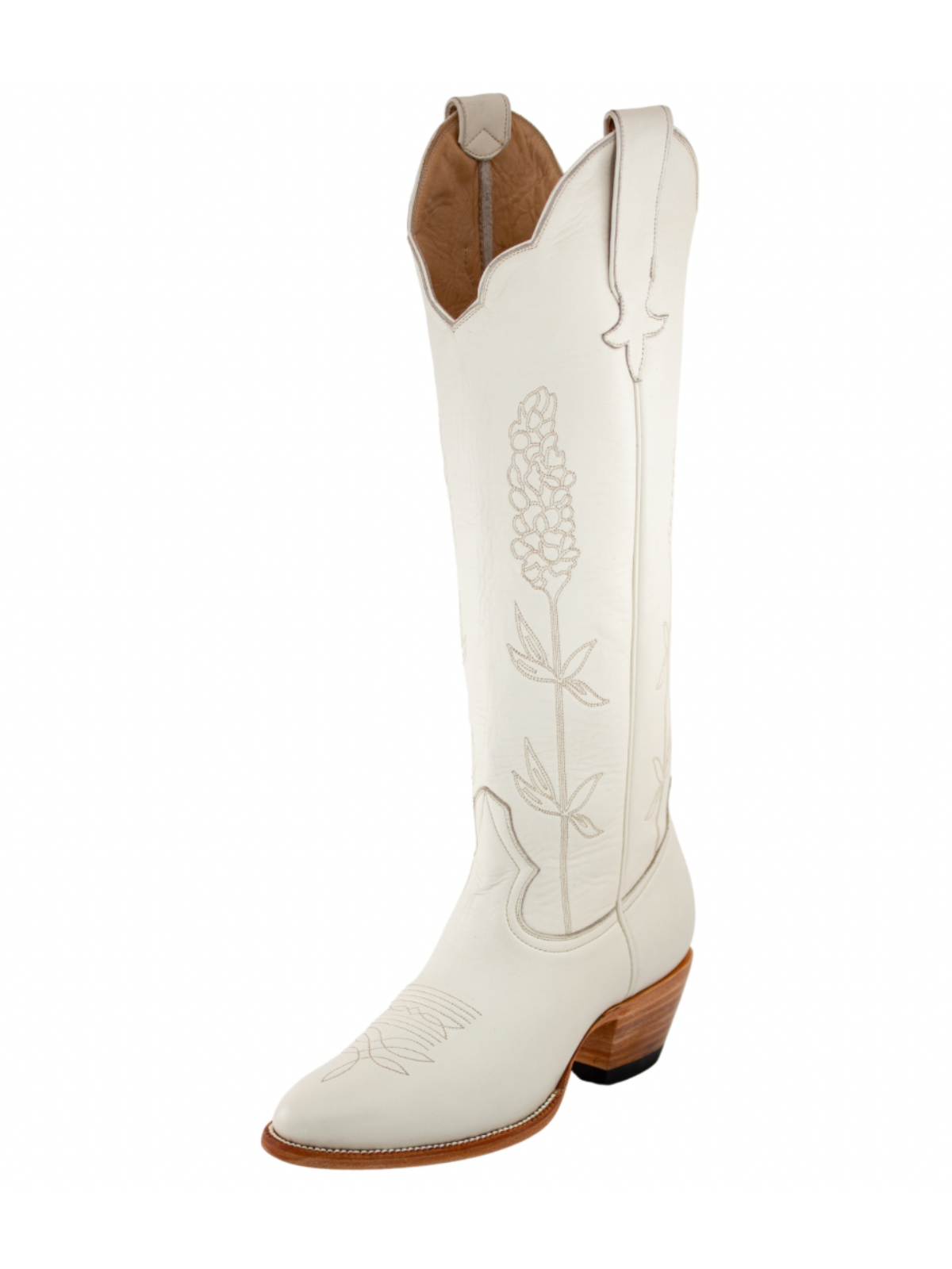 Almond-Toe Ear-Of-Rice Embroidery Wide Calf Knee High Cowgirl Boots - Ivory