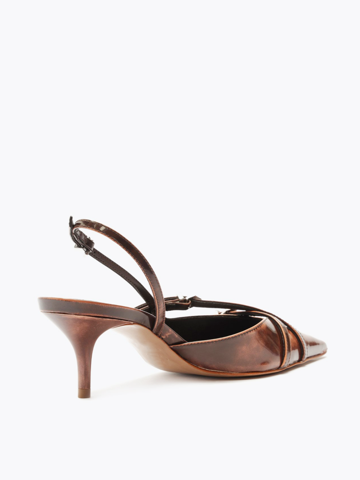 Brown Patent Buckled Strappy Kitten Heels Slingback Courts Scarpin Pumps