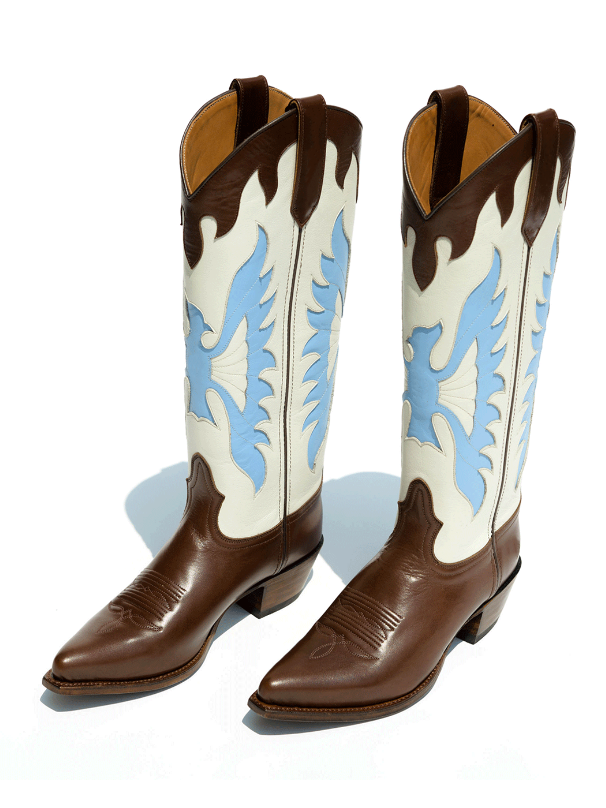 Contrast Tri-Color Snip-Toe Eagle Inlay Wide Mid Calf Tall Cowgirl Boots