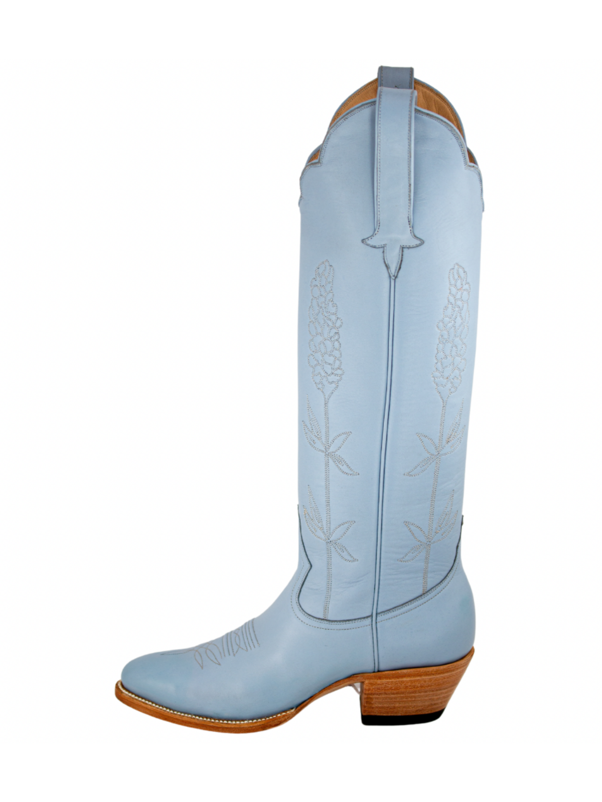 Almond-Toe Ear-Of-Rice Embroidery Wide Calf Knee High Cowgirl Boots - Powder Blue