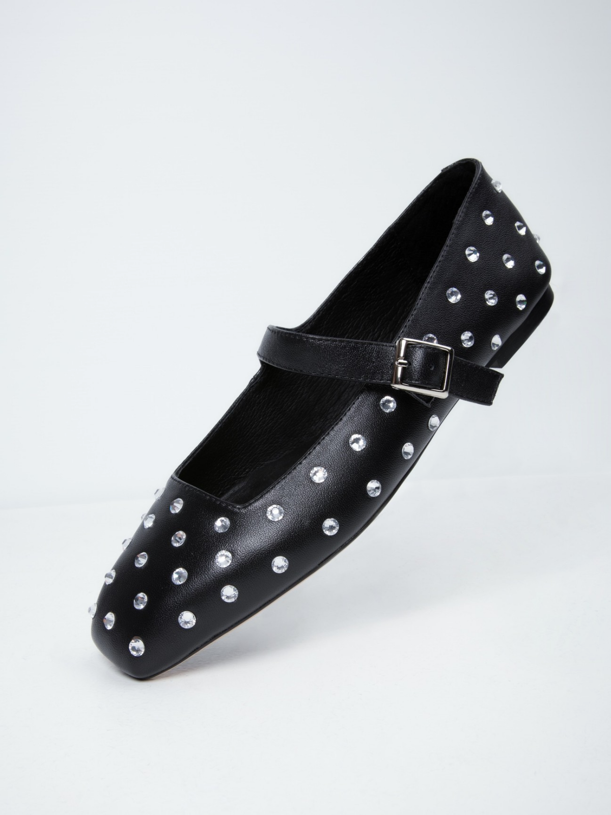 Black Sparkle Rhinestone Square-Toe Ballet Flats Mary Janes With Buckled Strap