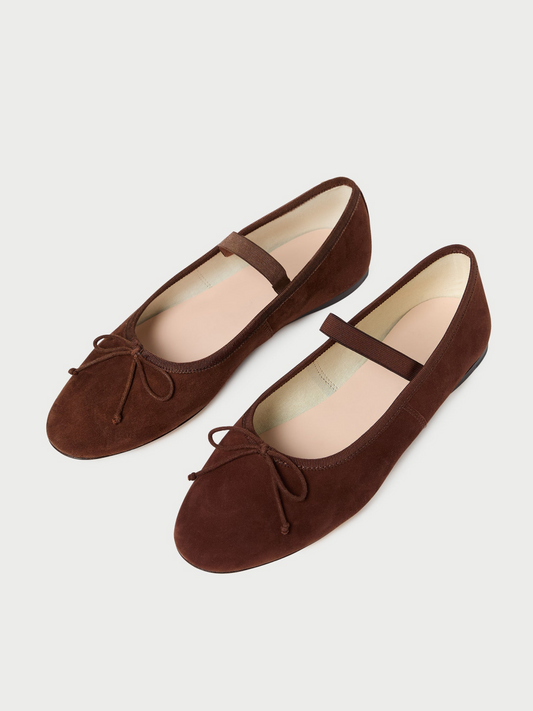 Cafe Faux Suede Almond-Toe Elastic Bridge Strap Bow Ballet Flats