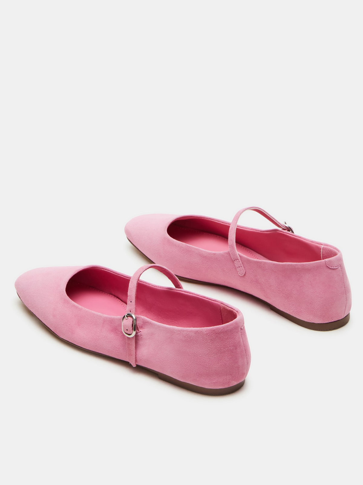 Pink Faux Suede Square-Toe Mary Janes Ballet Flats With Bridge Strap