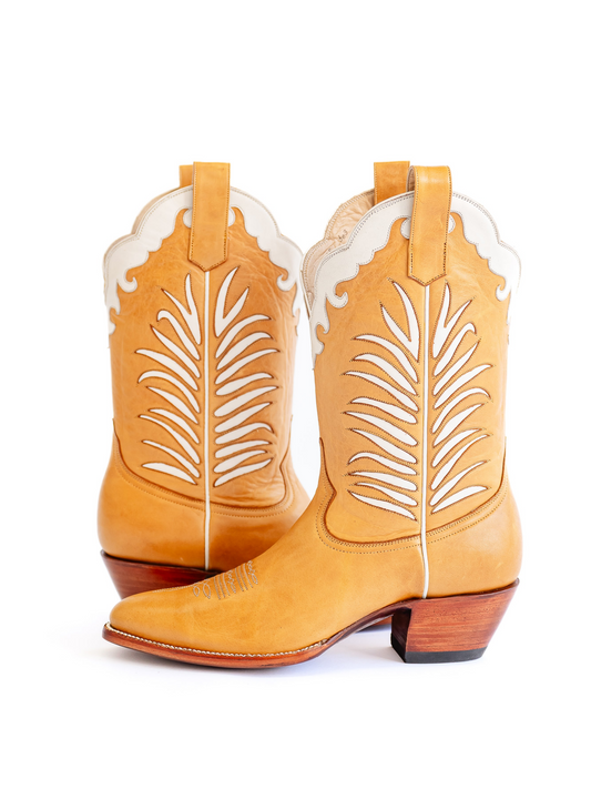 Honey Almond-Toe White Inlay Applique Wide Mid Calf Cowgirl Boots