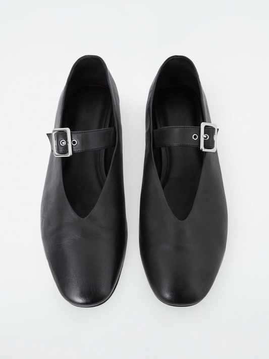 Black Round-Toe Bridge Buckle Mary Janes Ballet Flats