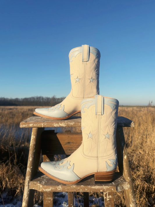 Ivory Pointed-Toe Wide Mid Calf Cowgirl Boots With Blue Star Inlay Applique