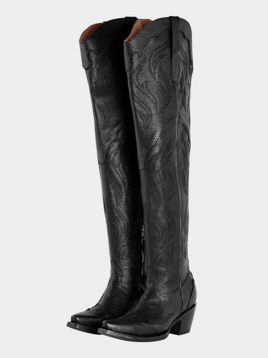 Black Snip-Toe Embroidery Wide Calf Over-The-Knee Western Boots