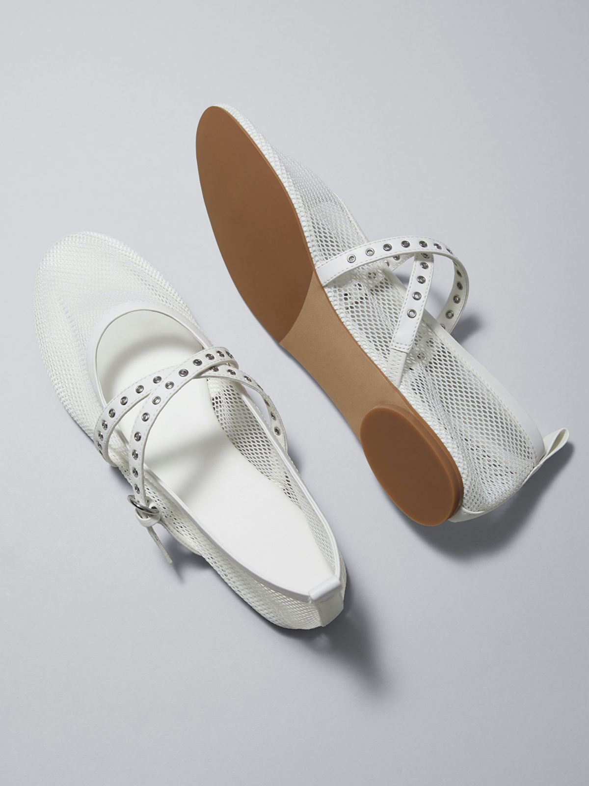 White Mesh Round Toe Ballet Flats With Crossed Grommet Eyelet Buckled Strap