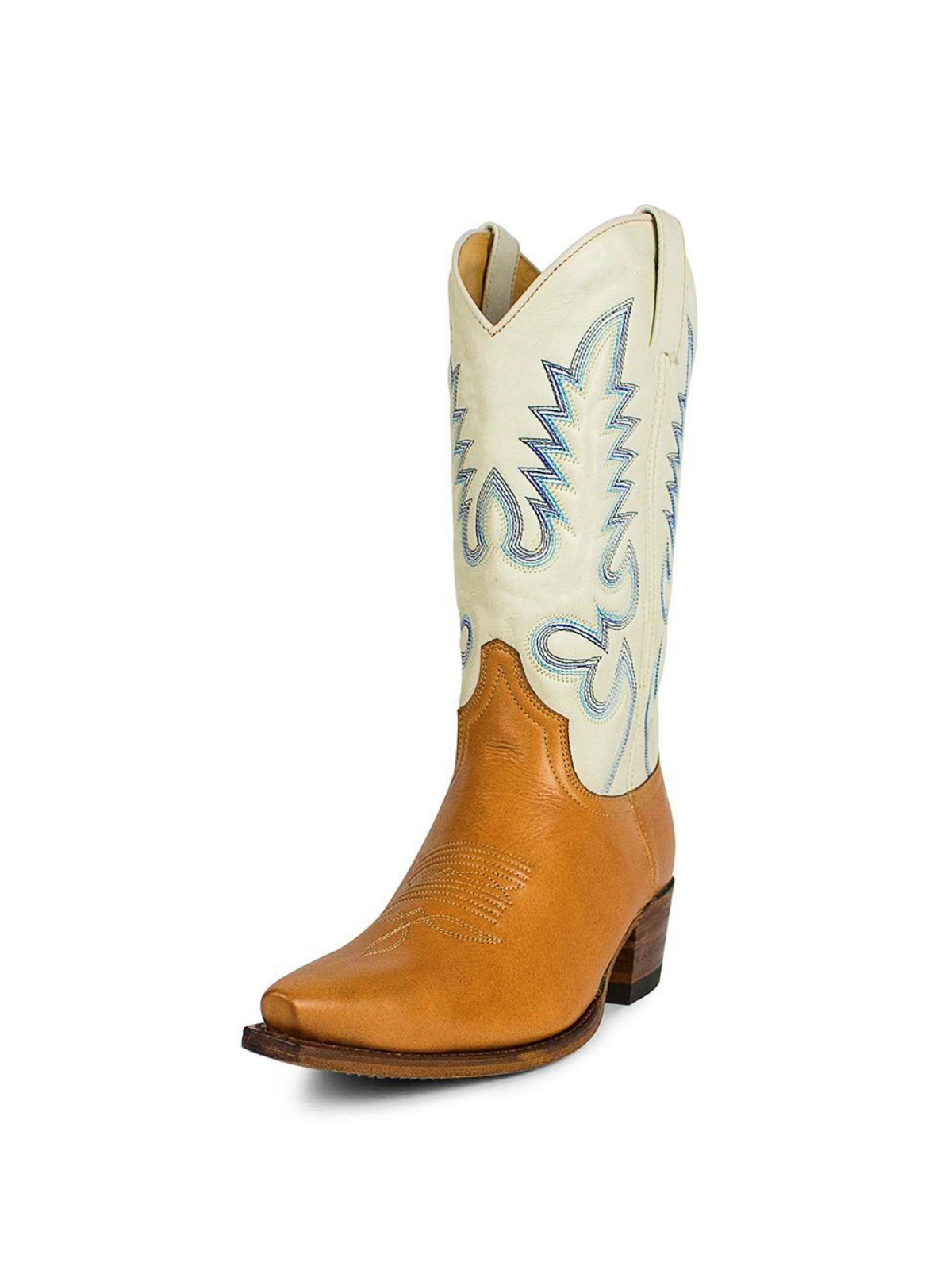 Contrast Brown And Ivory Embroidery Snip-Toe Wide Mid Calf Cowgirl Boots