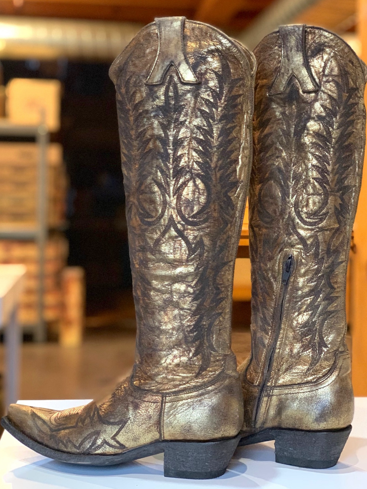 Distressed Metallic Gold Snip-Toe Half-Zip Embroidery Knee High Tall Cowgirl Boots