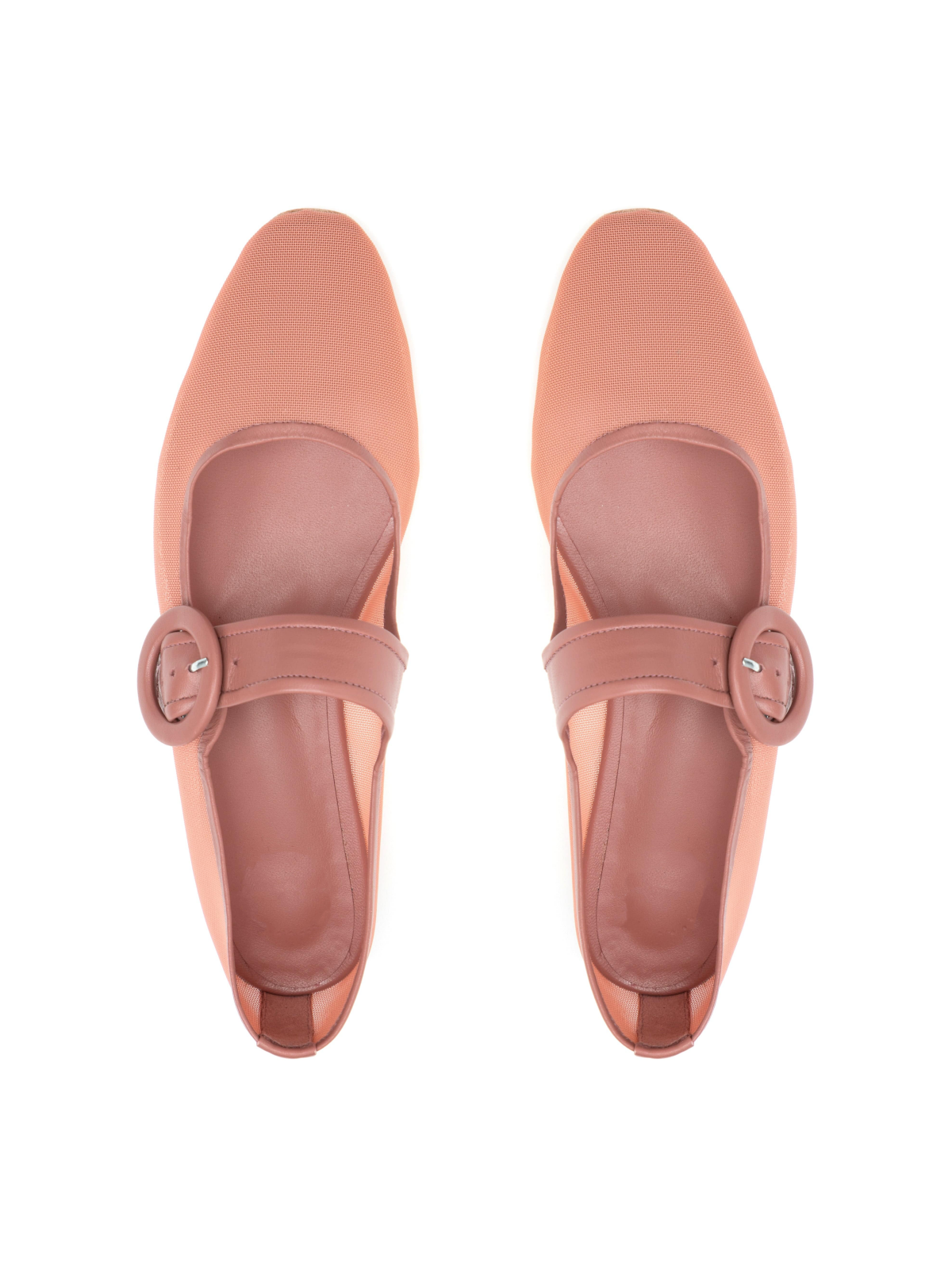 Pale Salmon Mesh Elongated Ballet Flats Mary Janes With Oversized Buckle