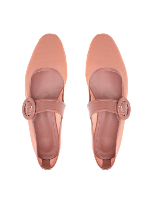 Pale Salmon Mesh Elongated Ballet Flats Mary Janes With Oversized Buckle