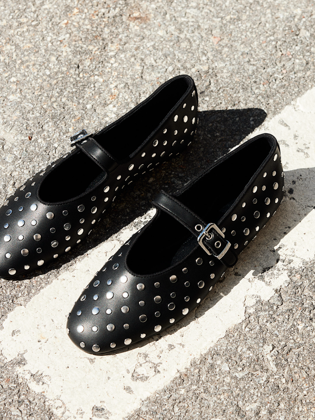 Black Almond-Toe Studded Adjustable Metal Clasp Mary Janes Ballet Flats