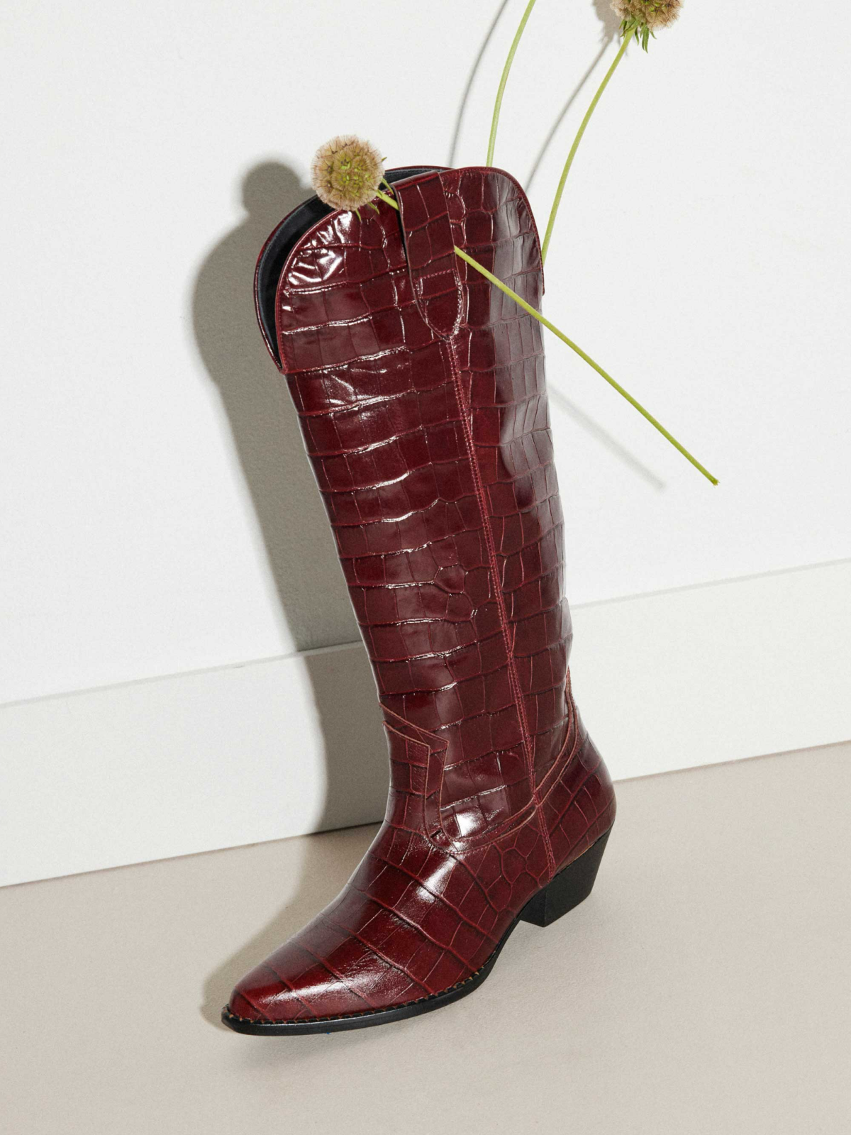 Cherry Red Crocodile-Embossed Snip-Toe Wide Mid Calf Cowgirl Boots