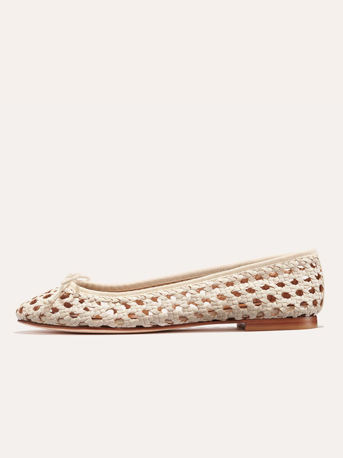 White Woven Bow Hollow-Out Round-Toe Slip-On Ballet Flats