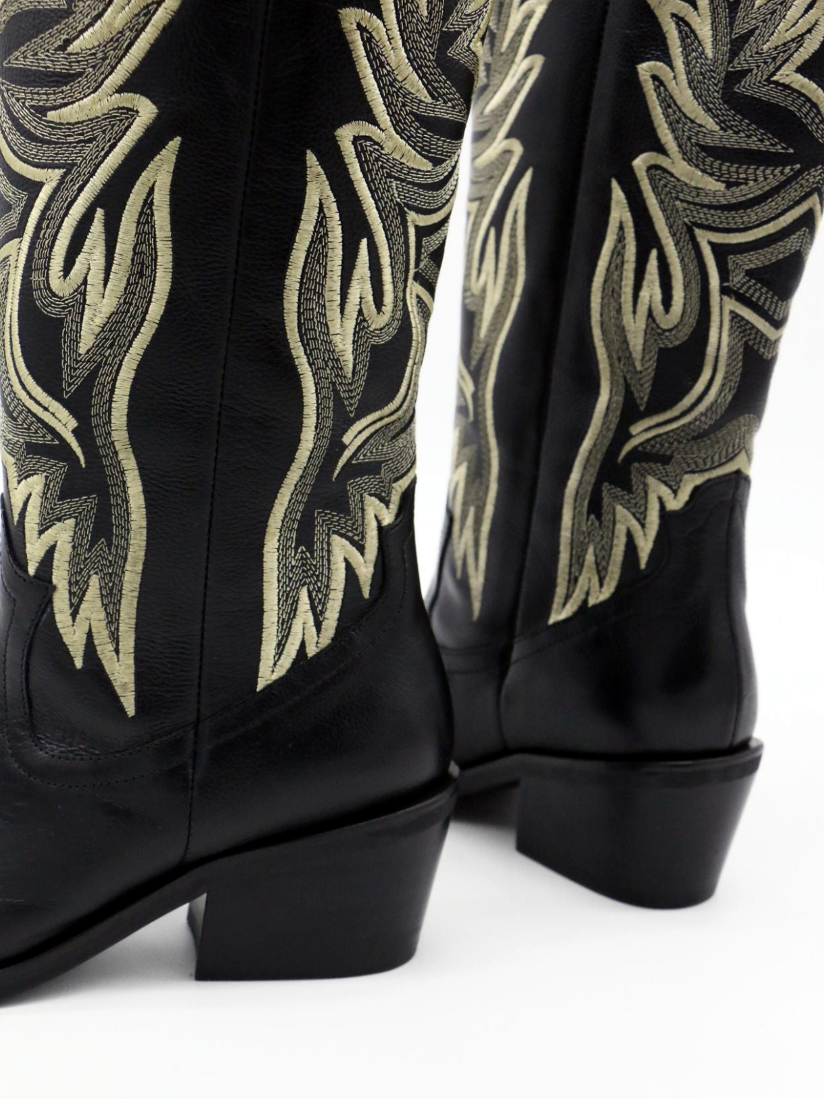 Black Vegan Leather Snip-Toe Embroidery Wide Mid Calf Tall Cowgirl Boots