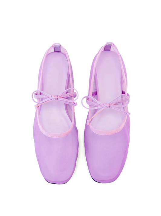 Lilac Purple Mesh Square-Toe Ballet Flats Mary Janes With Bow Band