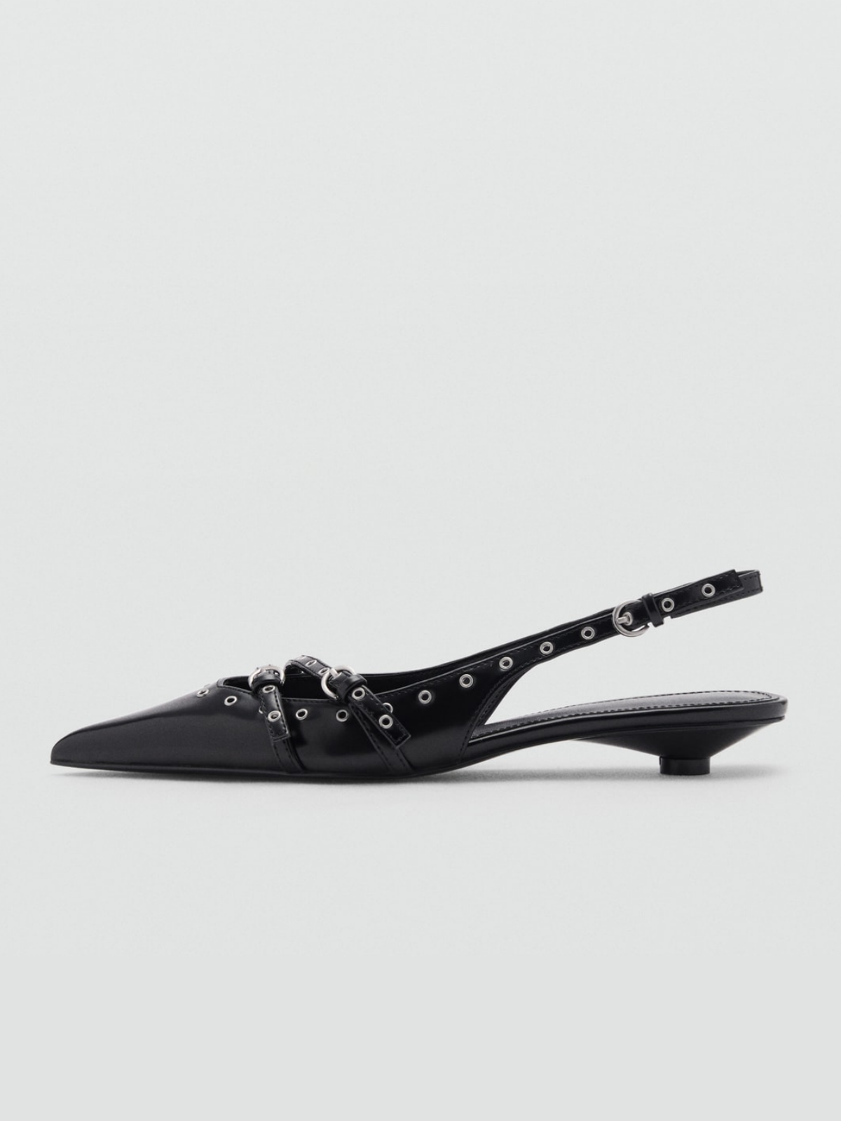 Black Pointed-Toe Laser-Cut Detail Double Front Strap Slingback Kitten Heels