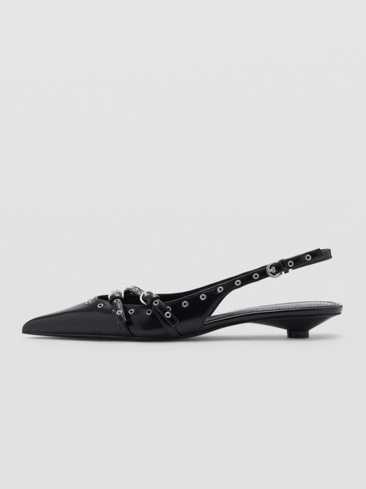 Black Pointed-Toe Laser-Cut Detail Double Front Strap Slingback Kitten Heels