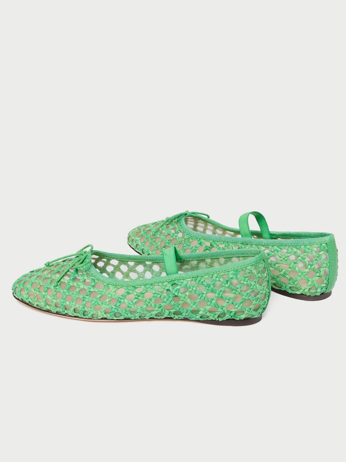 Green Almond-Toe Straw-Woven Elastic Bridge Strap Bow Mesh Ballet Flats