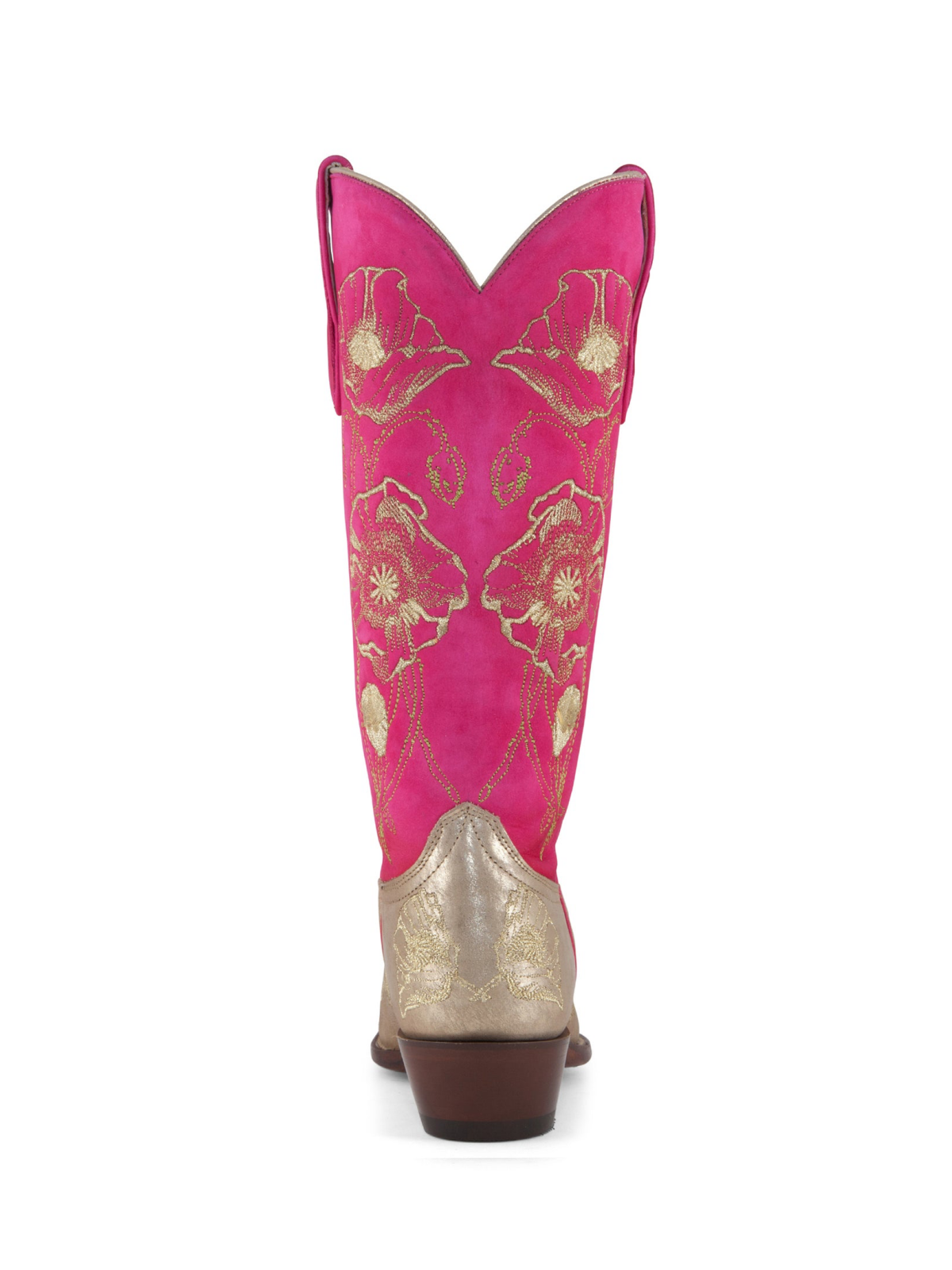 Contrast Pink And Metallic Rose Gold Snip-Toe Floral Embroidery Wide Mid Calf Cowgirl Boots