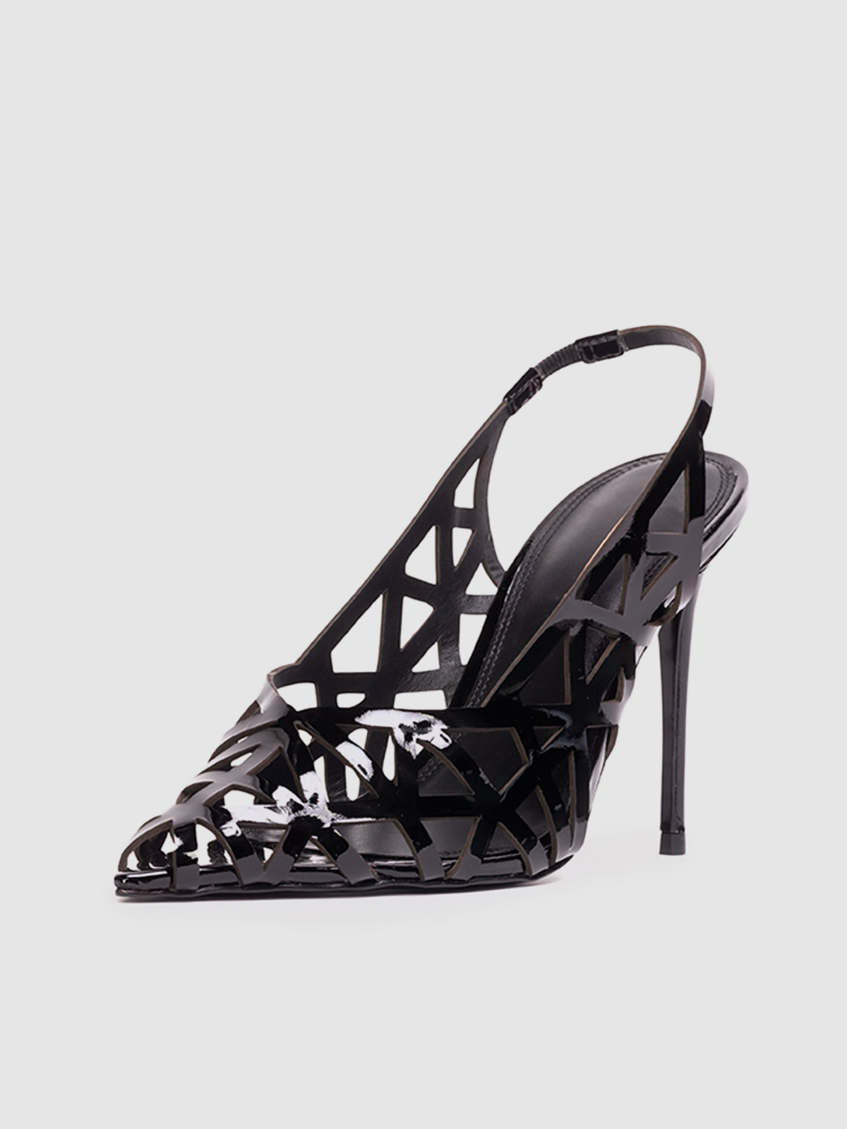 Patent Black Pointed-Toe Laser-Cut Slingback Pump High Heels