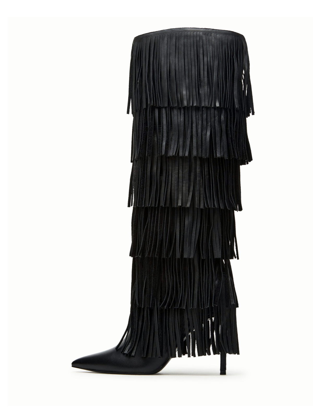 Black Pointed-Toe Fringe Wide Calf Tall Knee High Stiletto Boots