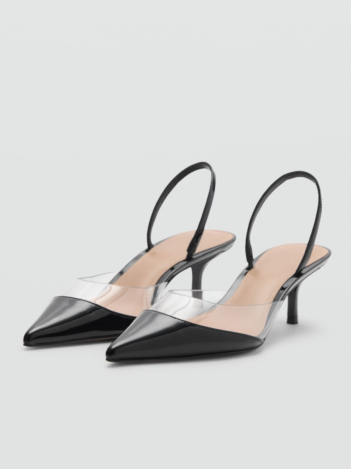 Contrast Patent Black And Transparent Vinyl Panel Pointed-Toe Slingback Kitten Heels