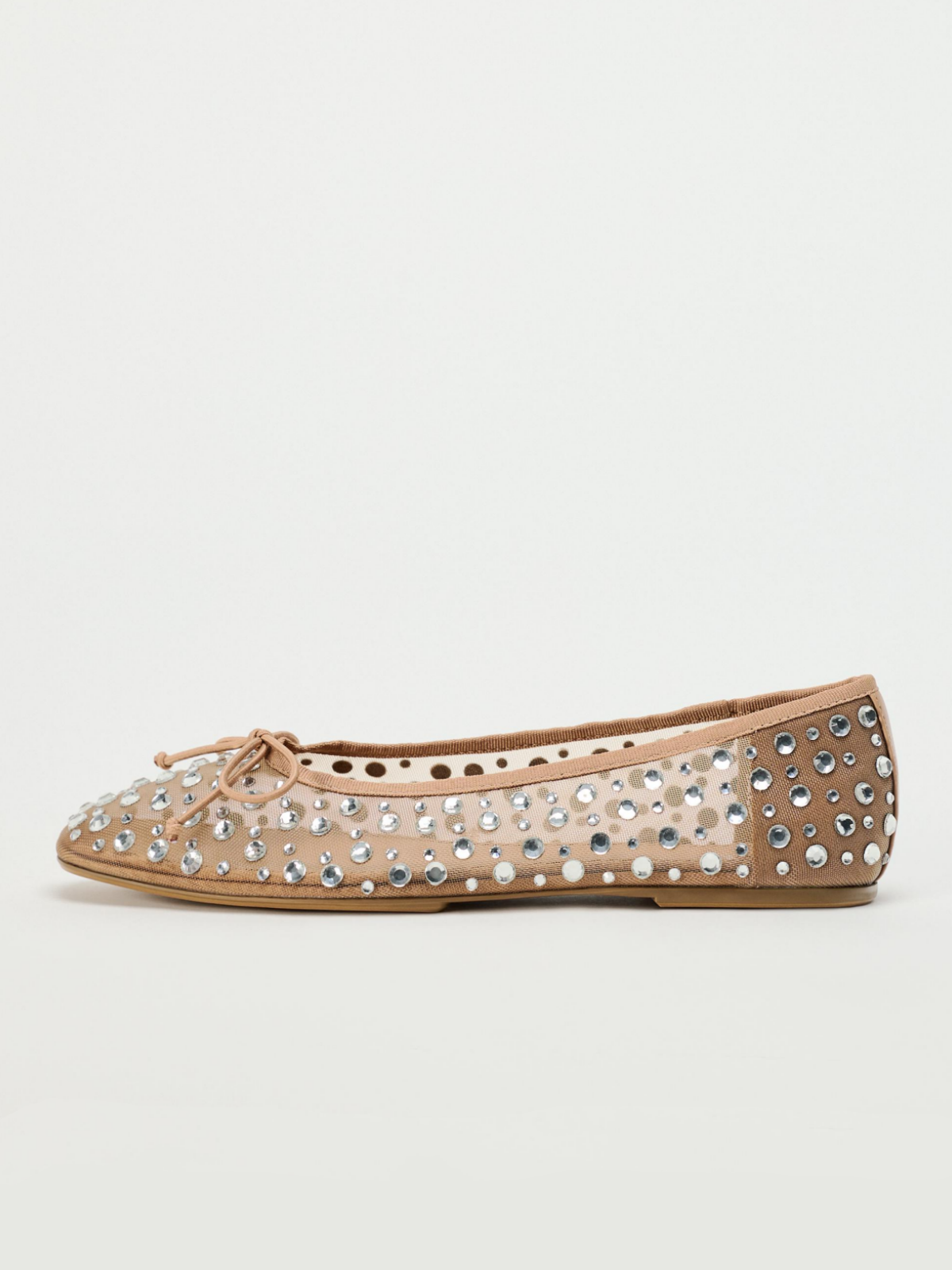 Beige Mesh Round-Toe Ballet Flats With Bow & Sparkle Rhinestone