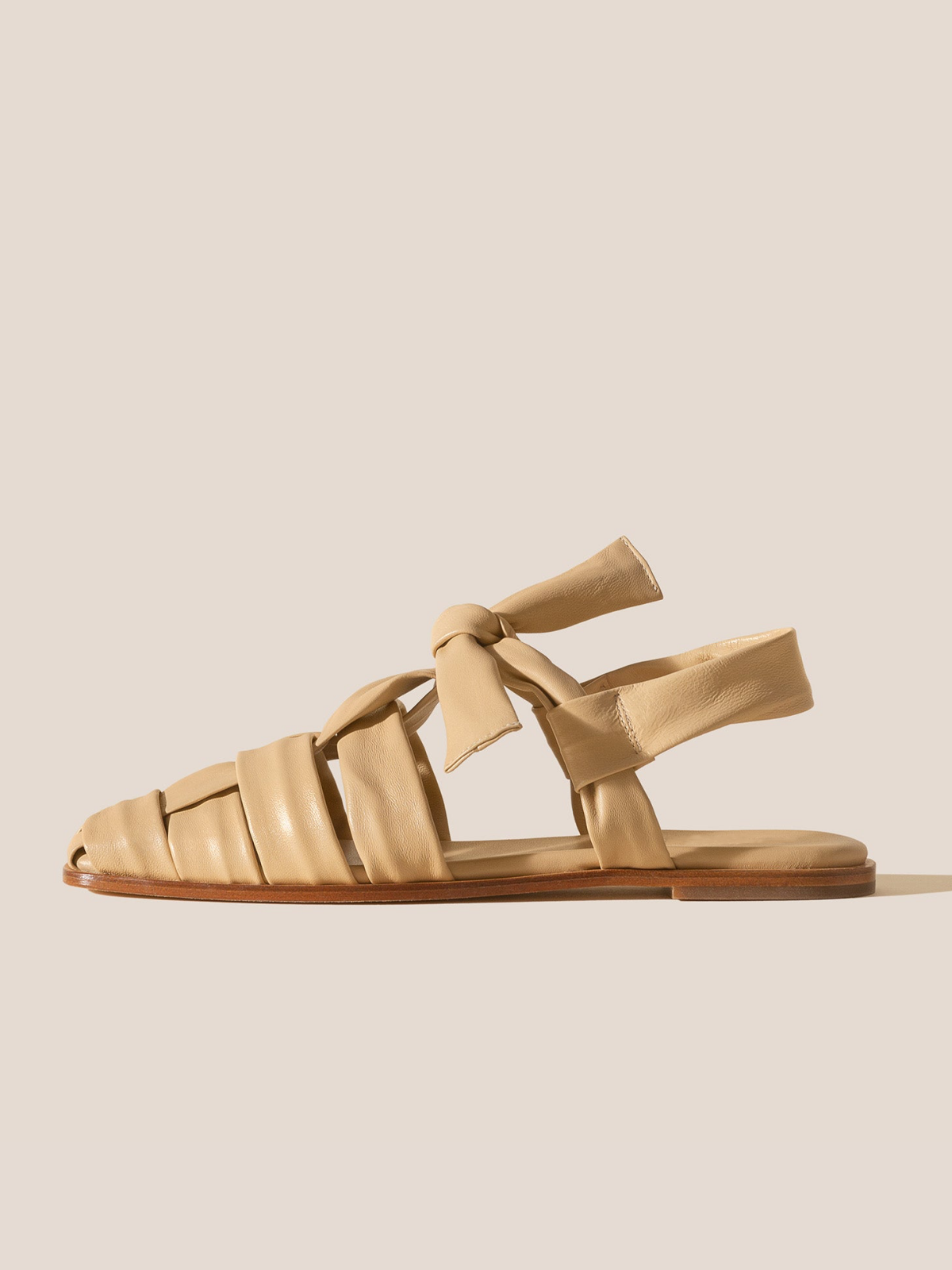 Desert Sand Interwoven Square-Toe Flats Sandals With T-Strap Knotted Bow