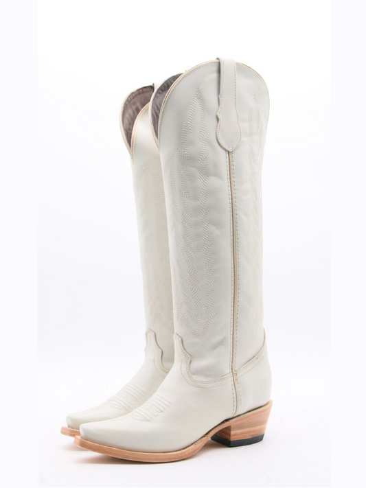 Ivory Snip-Toe Half-Zip Western Embroidery Knee High Cowgirl Boots