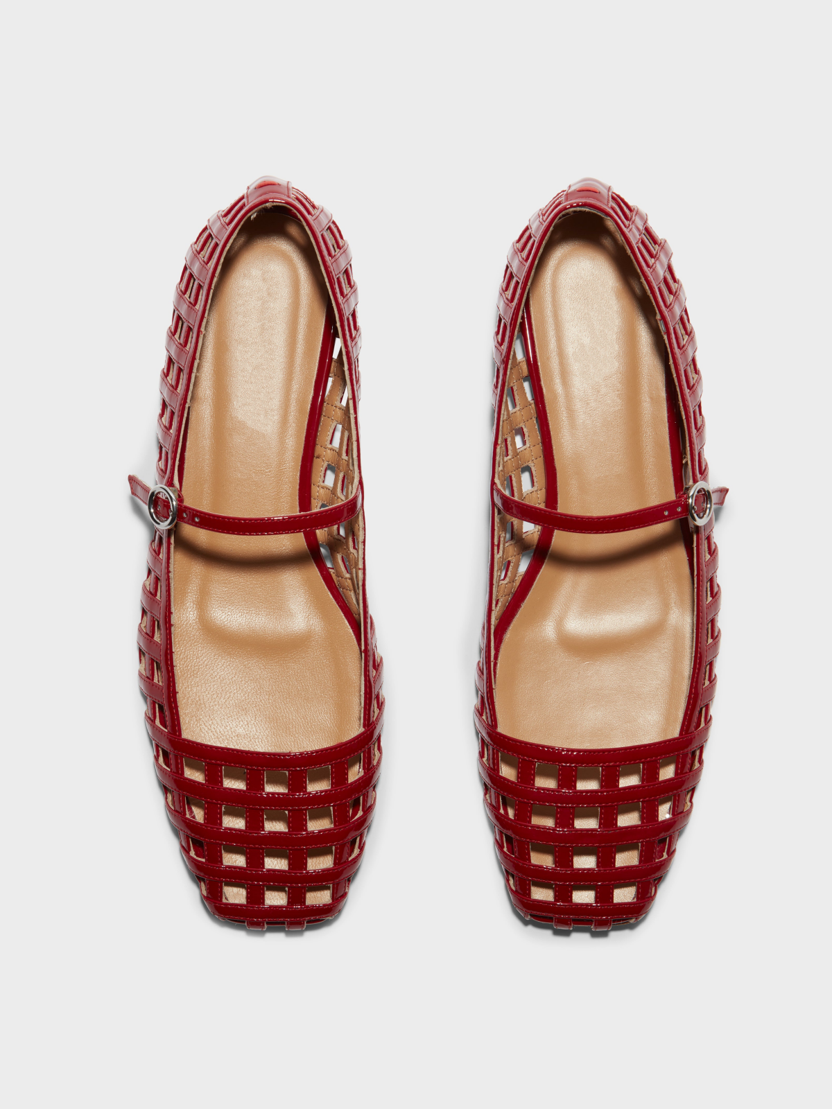 Patent Red Flats Square-Toe Cutout Mary Janes With Buckled Strap