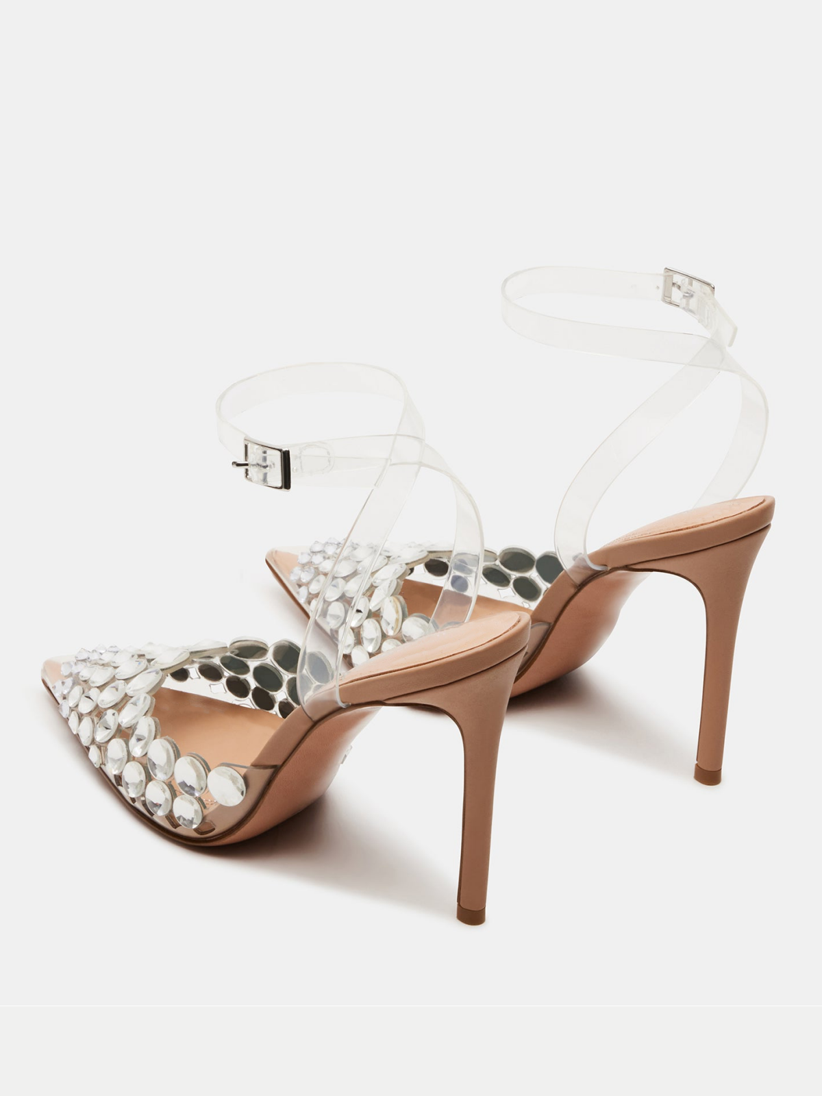 Clear TPU Transparent Film Pointed-Toe Ankle Strap Rhinestone Stiletto High Heels