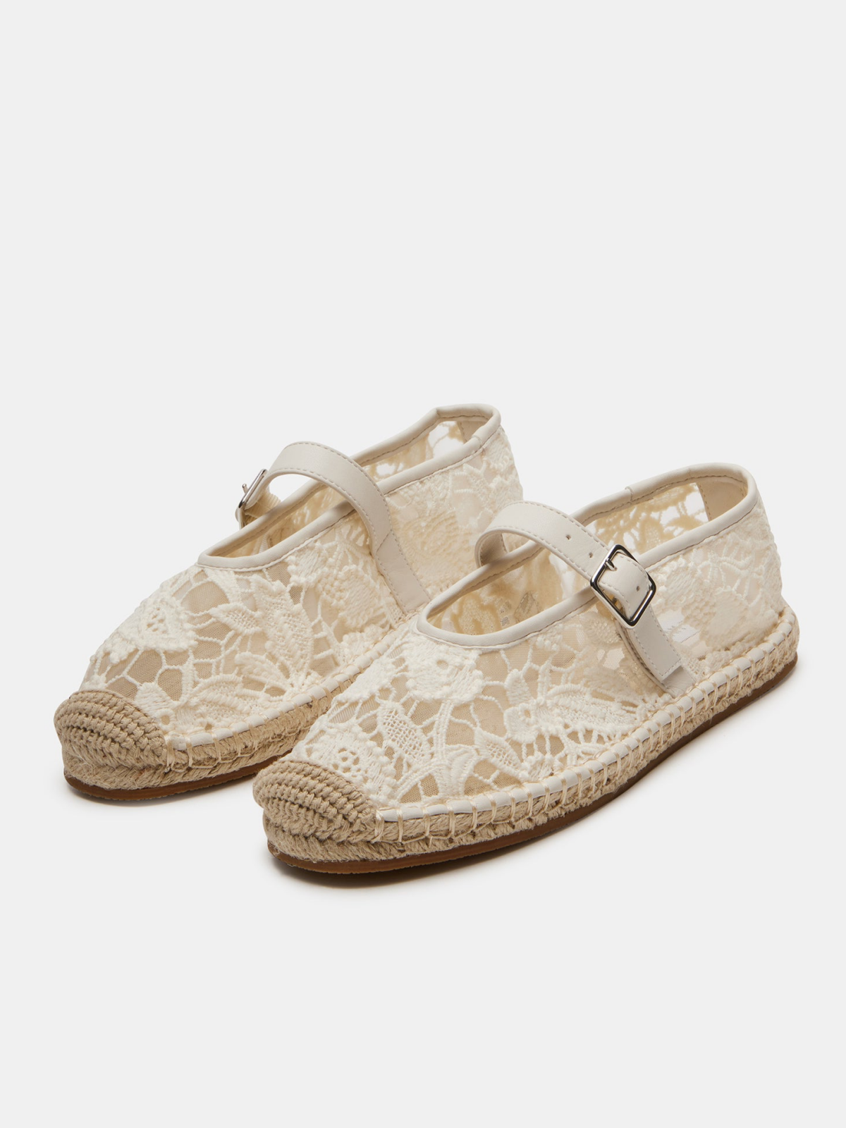 White Round-Toe Bridge Strap Side Buckle Lace Mesh Mary Janes Espadrille Flats