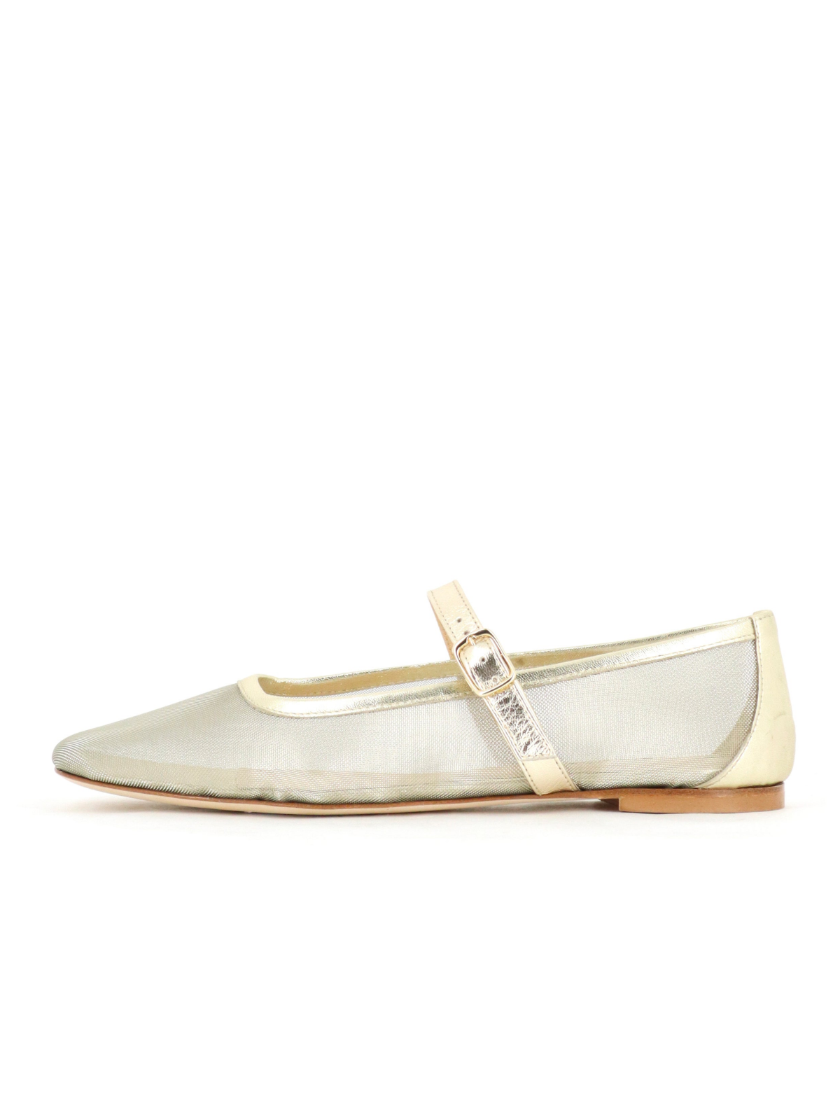 Metallic Round-Toe Ballet Flats Mary Janes with Adjustable Strap in Gold Mesh