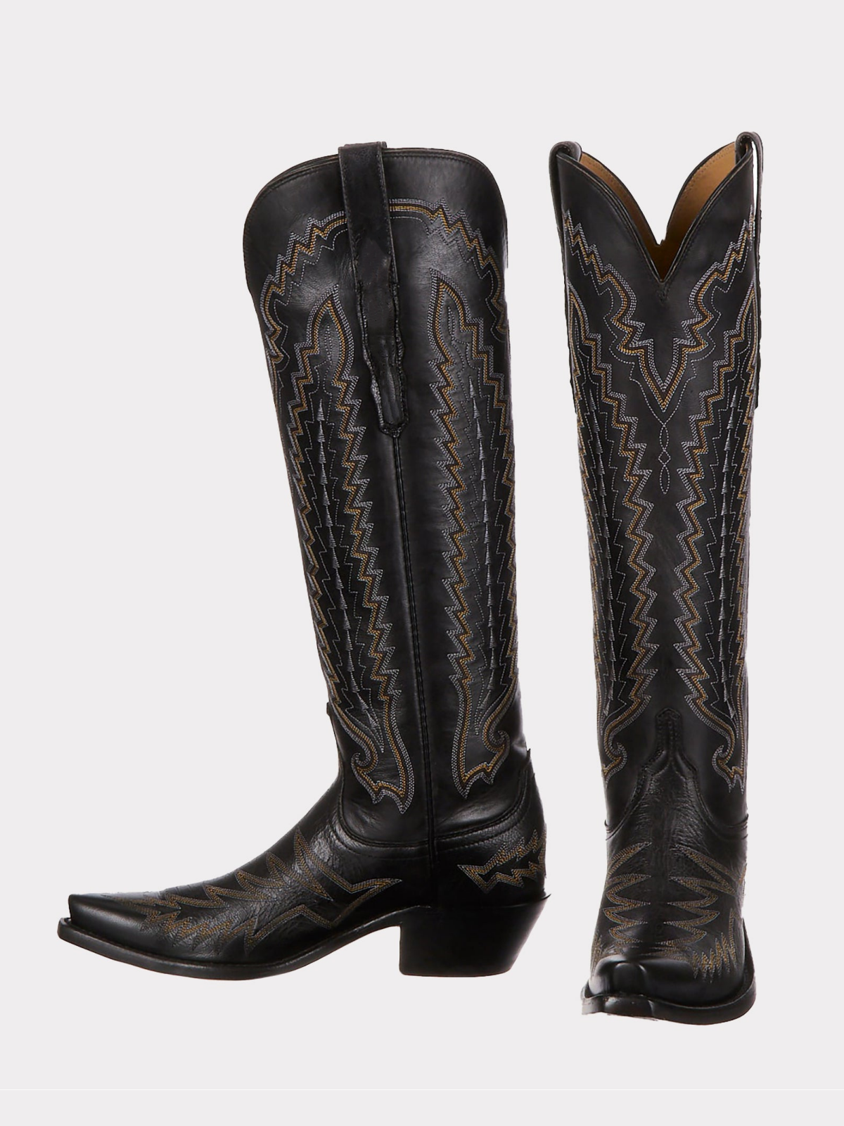 Snip-Toe Embroidery Wide Calf Knee High Tall Cowgirl Boots - Black