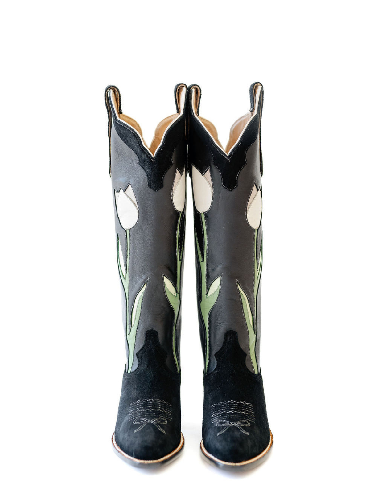 Black Contrast Vegan Leather And Faux Suede Almond-Toe Tulip Inlay Wide Calf Knee High Cowgirl Boots