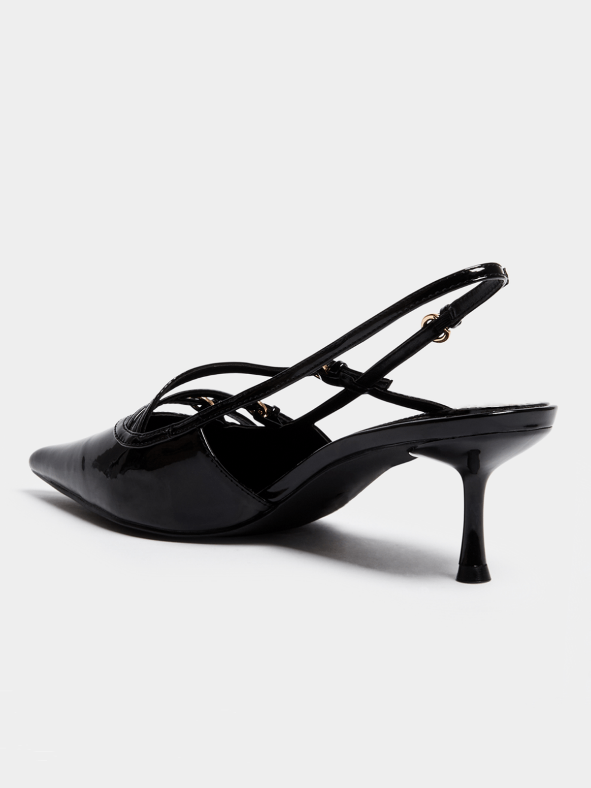 Black Patent Strappy Pointy Kitten Heels Slingback Courts Pumps