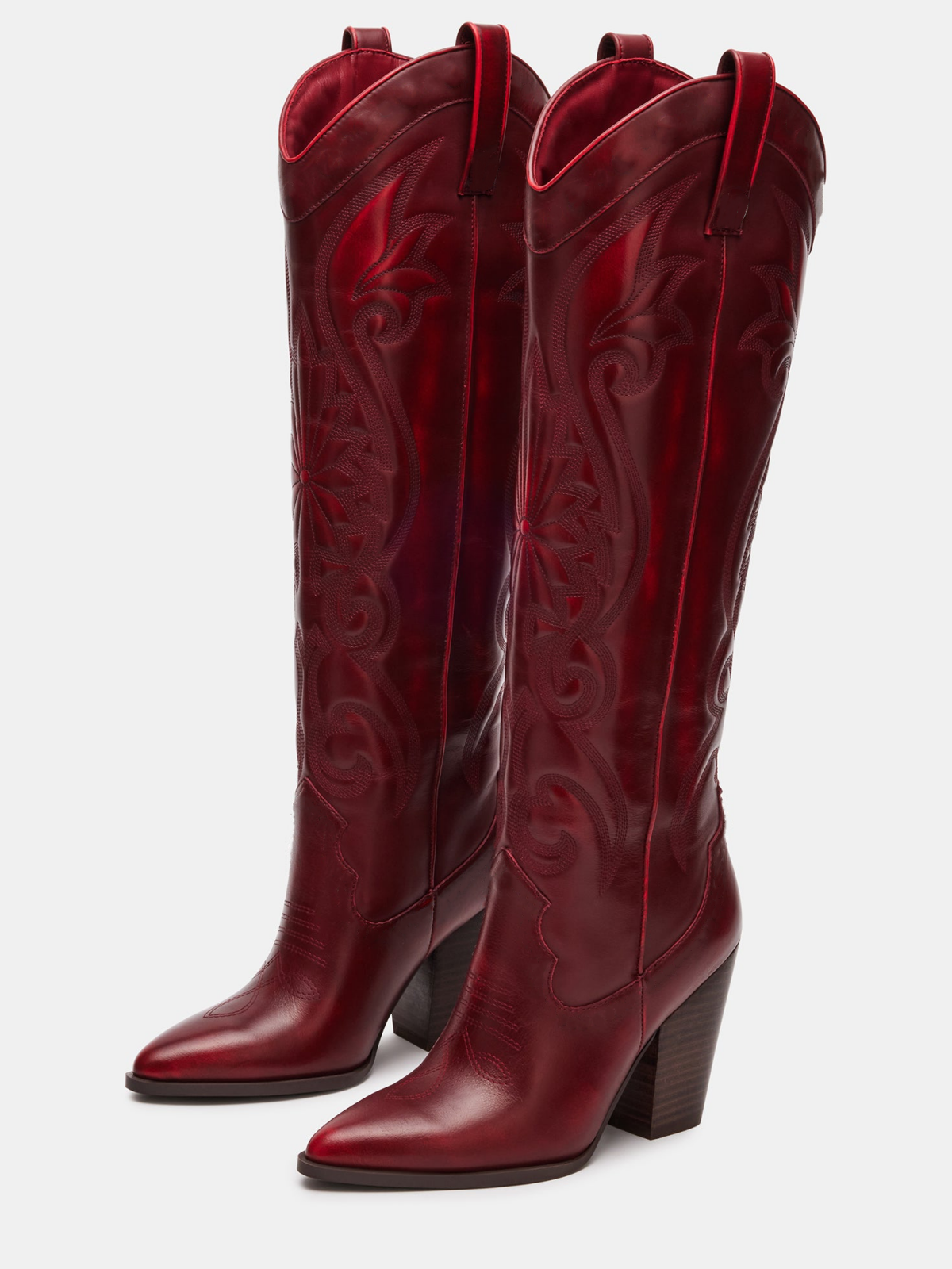 Wine Red Embroidery Pointed-Toe Tall Wide Calf Knee High Cowgirl Boots