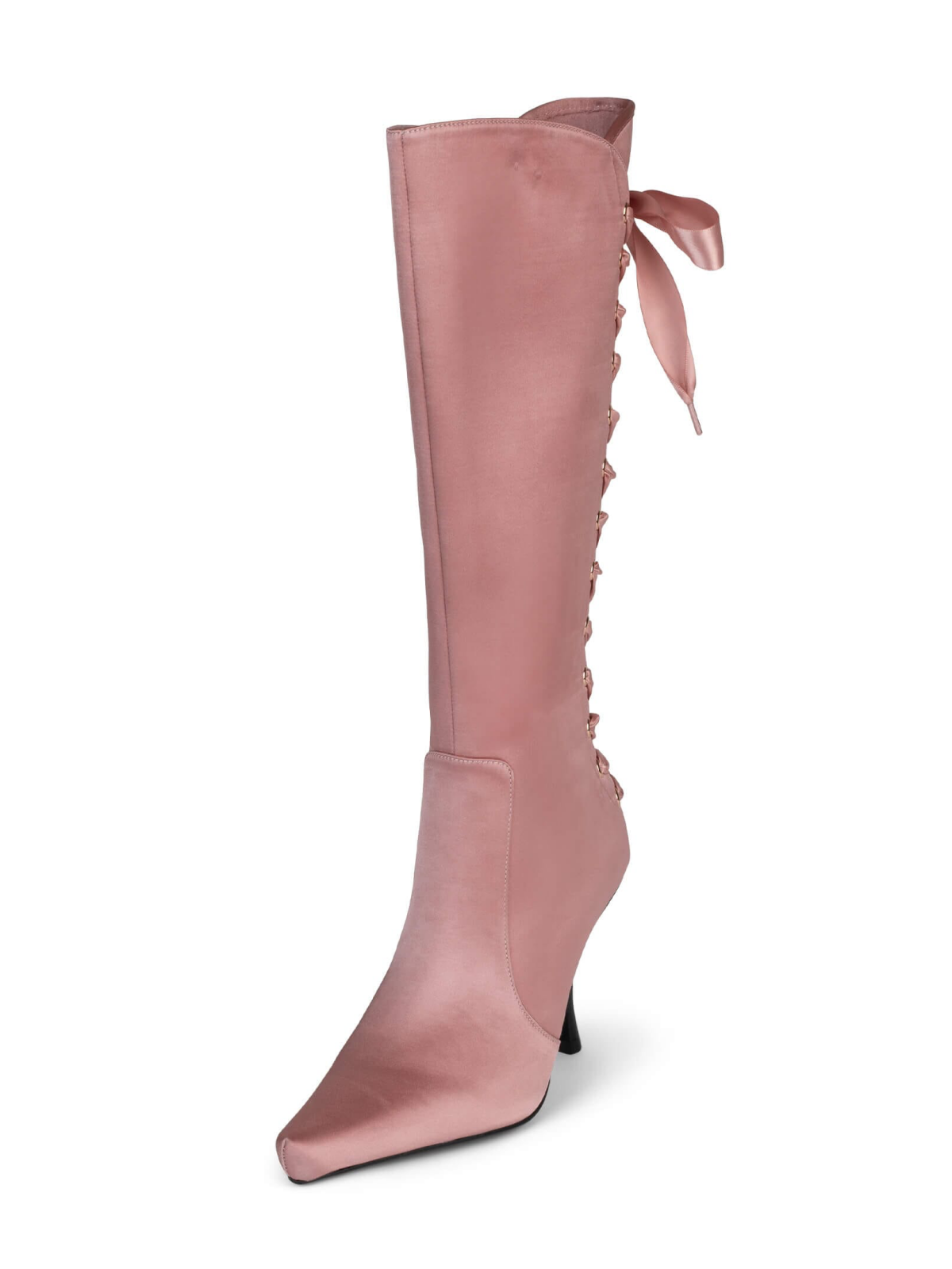 Pink Satin Fabric Pointed-Toe Full-Zip Mid Calf Stiletto Boots With Lace-Up