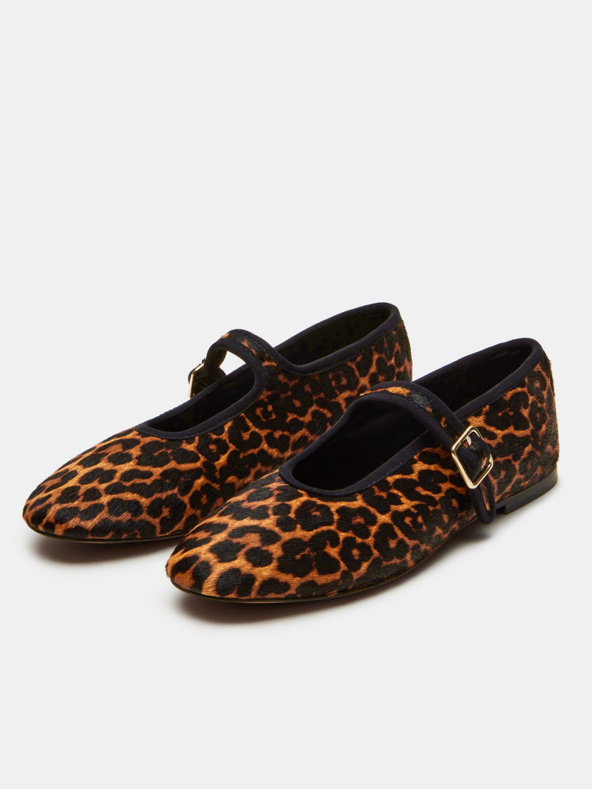 Leopard-Print Pony Hair Round-Toe Bridge Strap Mary Janes Ballet Flats