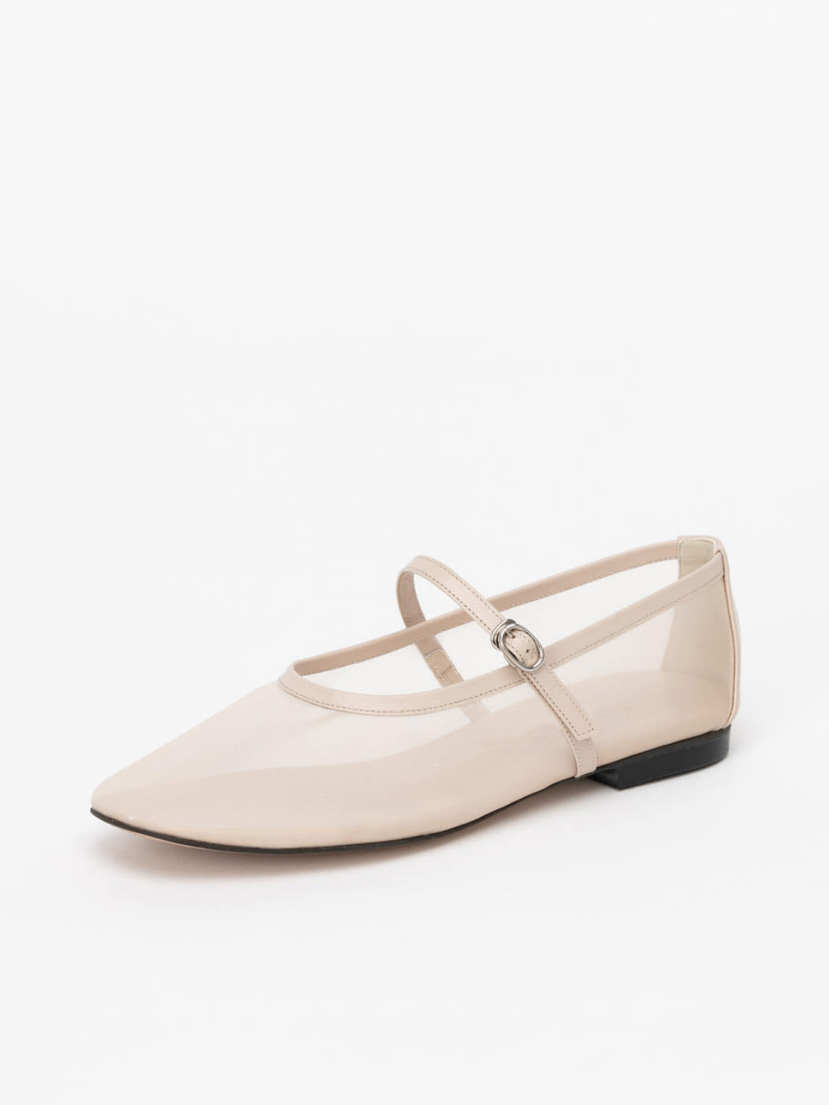 Nude Mesh Square-Toe Flats Mary Janes With Adjustable Strap