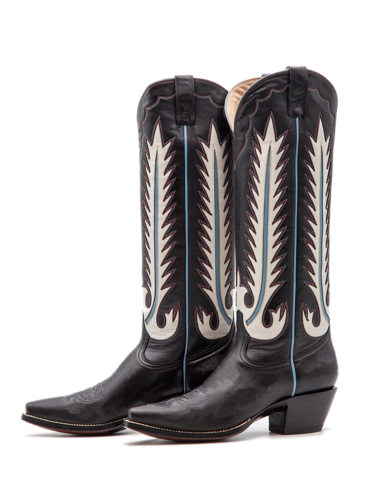 Feather Inlay Black Snip-Toe White Feather Inlay Wide Mid Calf Tall Cowgirl Boots ...