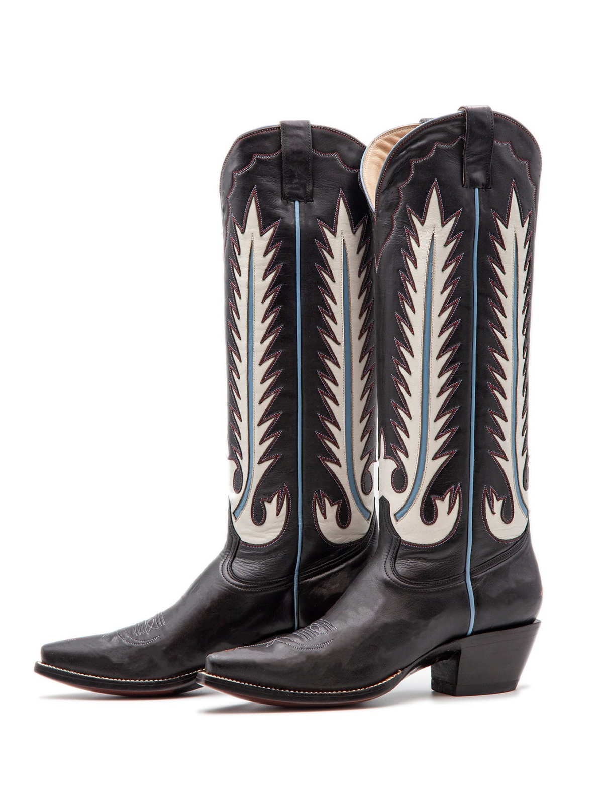 Black Snip-Toe White Feather Inlay Wide Mid Calf Tall Cowgirl Boots