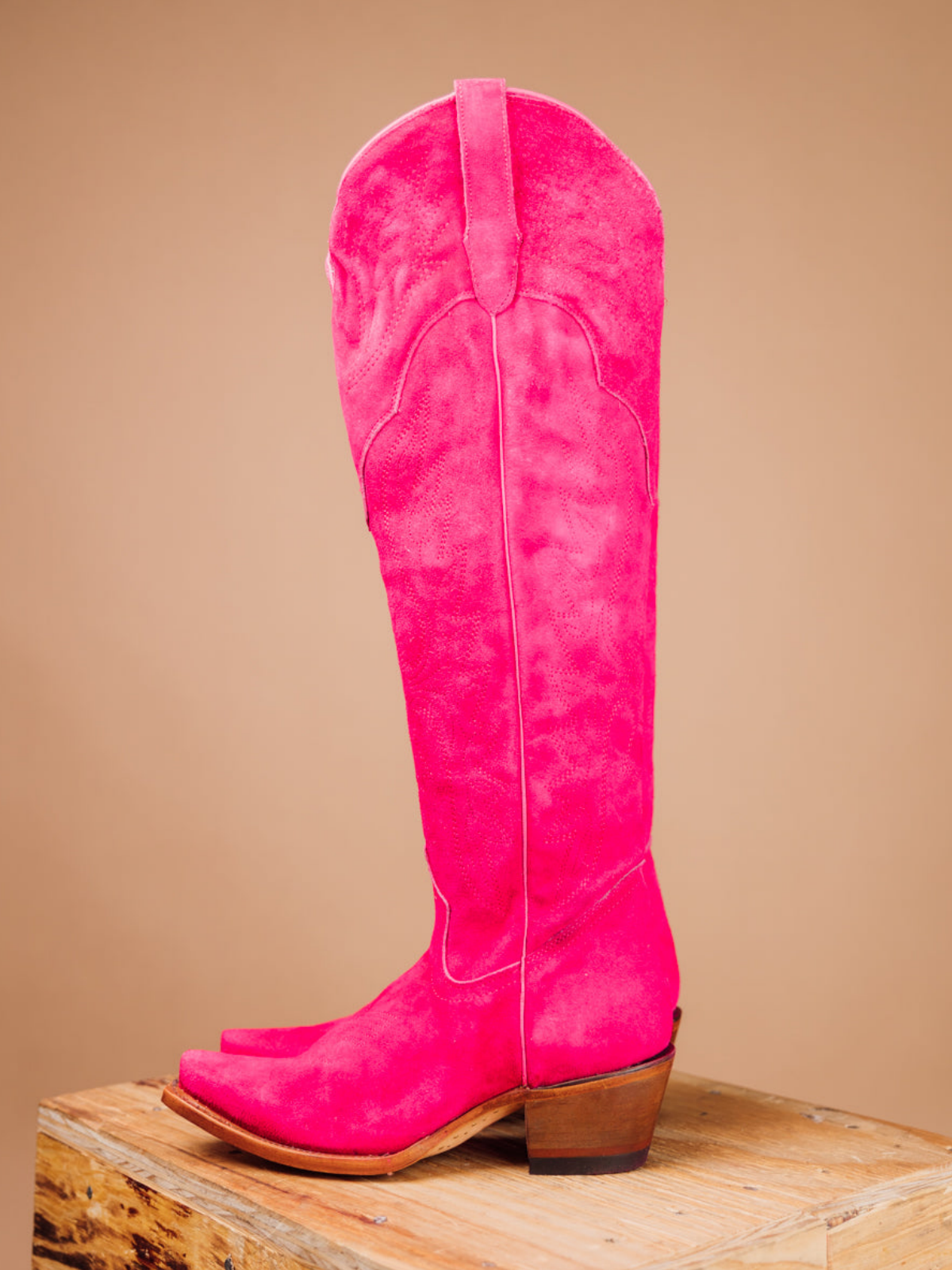 Eagle Embroidery Snip-Toe Half-Zip Over-The-Knee Tall Cowgirl Boots - Fuchsia Faux Suede