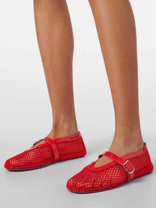 Red Fishnet Ballet Flats Mary Janes With Buckle Strap