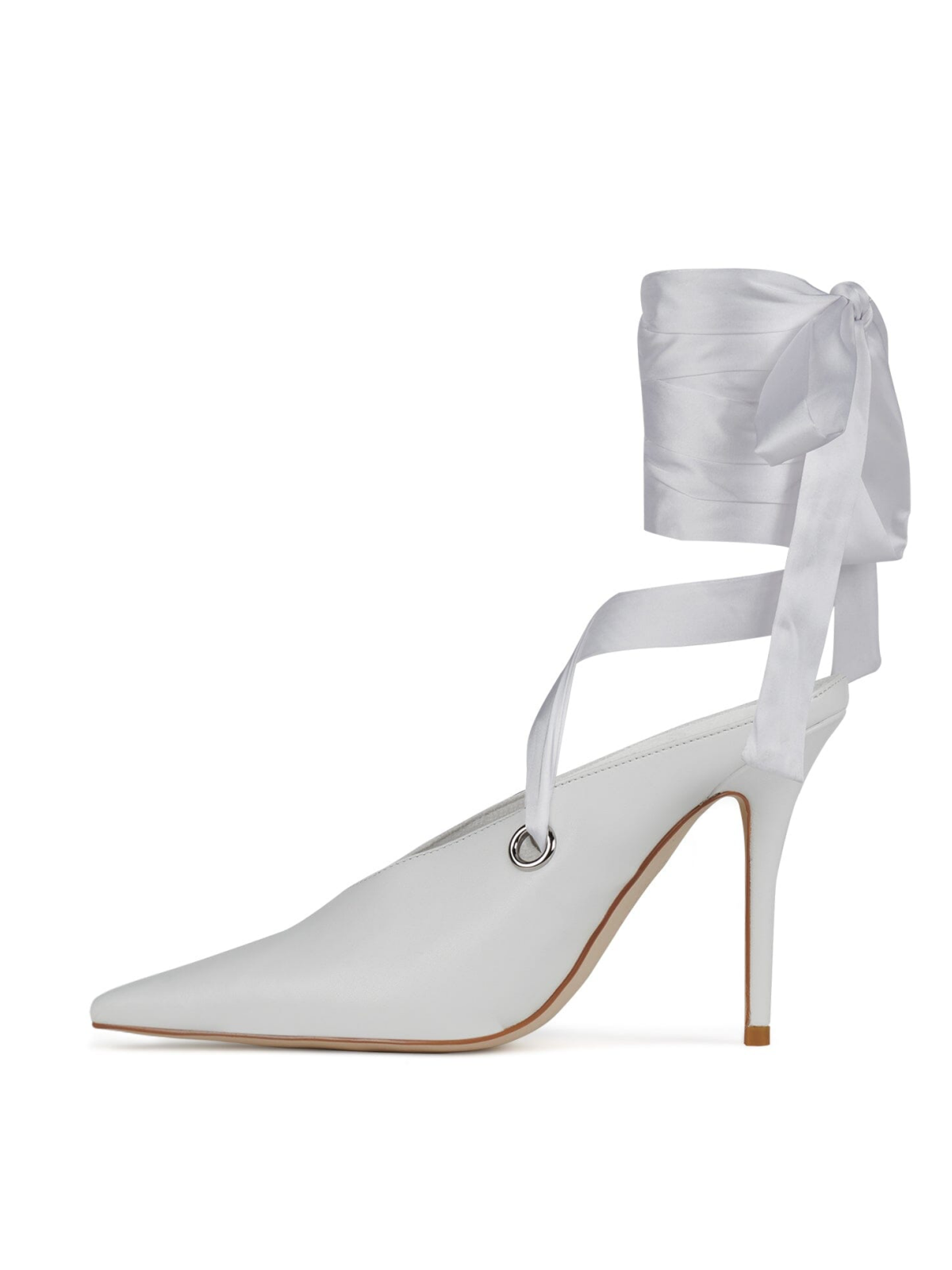 Patent White Pointed-Toe Satin Thick Ankle Strap Pump High Heels