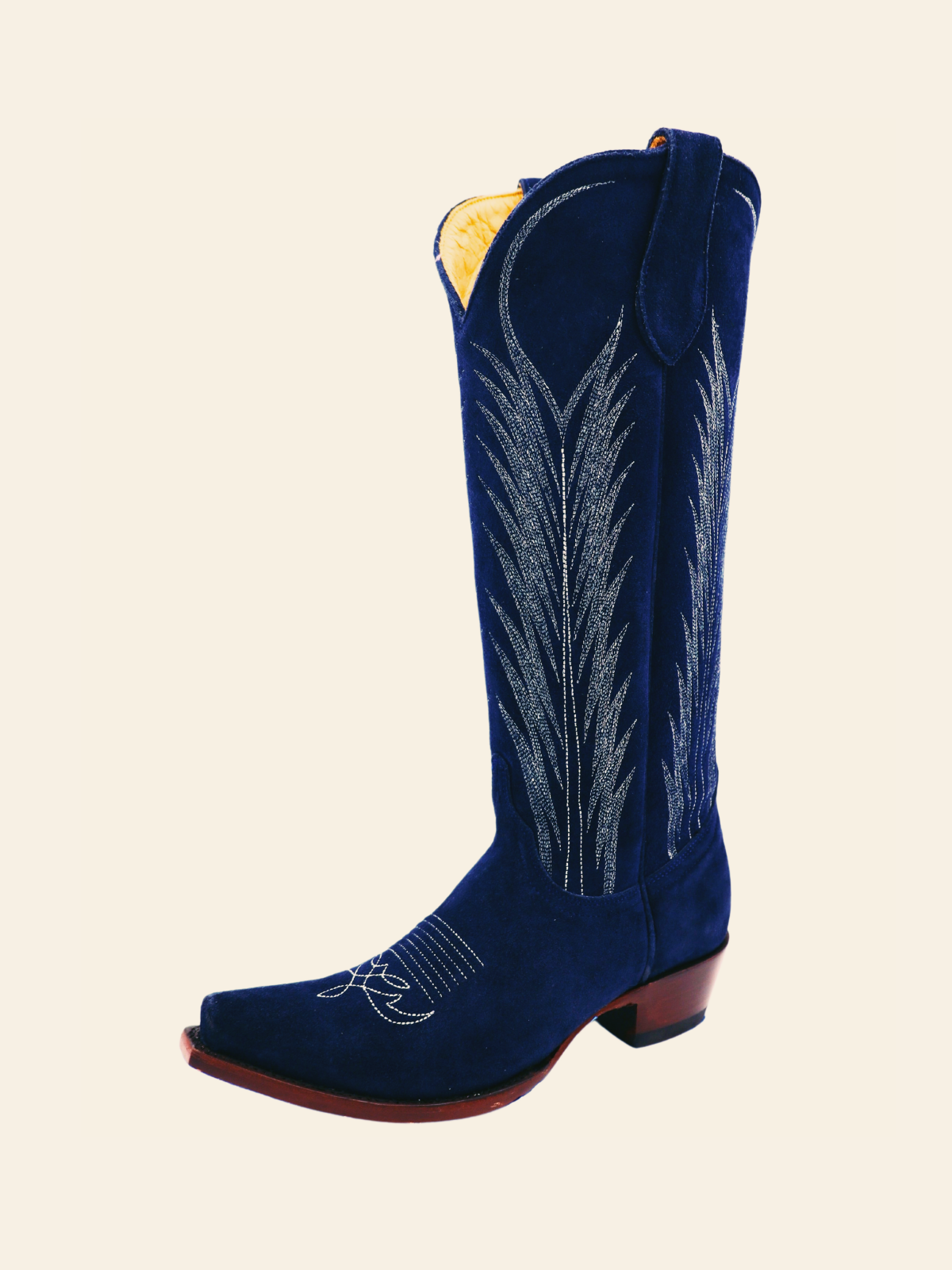 Dark Blue Faux Suede Embroidery Snip-Toe Wide Mid Calf Western Boots Cowgirl Tall Boots