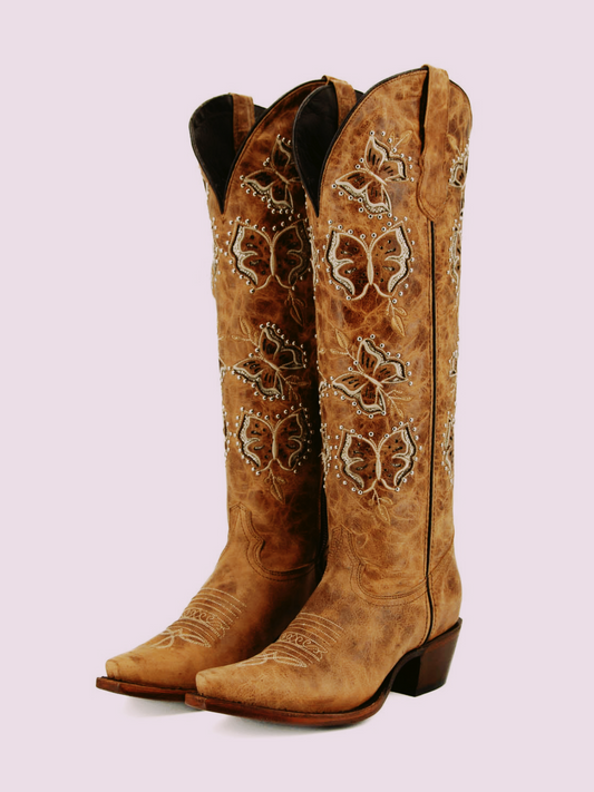 Distressed Brown Snip-Toe Studded Butterfly Inlay Wide Calf Tall Knee High Cowgirl Boots