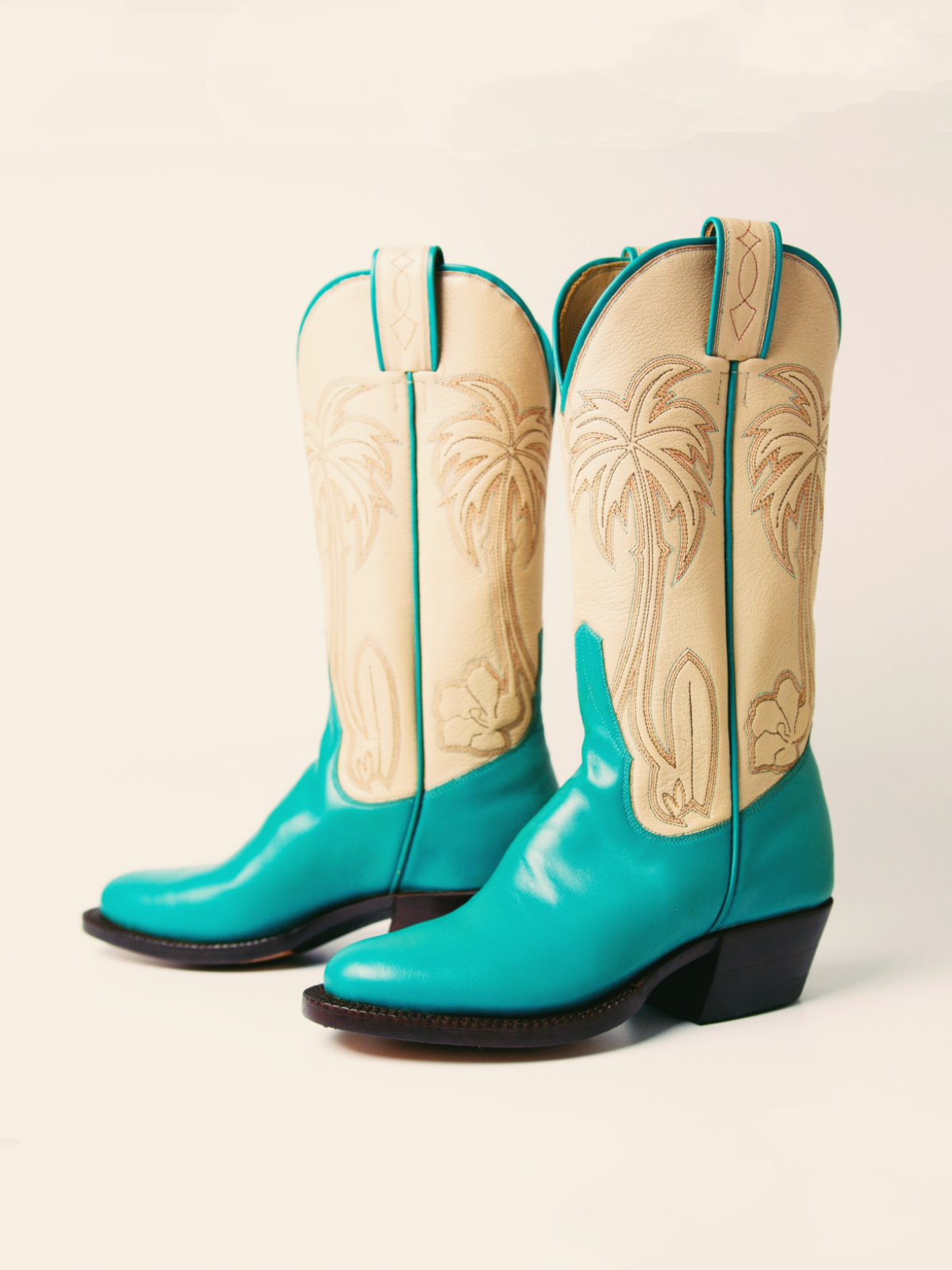 Contrast Turquoise And Sand Embroidery Almond-Toe Wide Mid Calf Cowgirl Boots